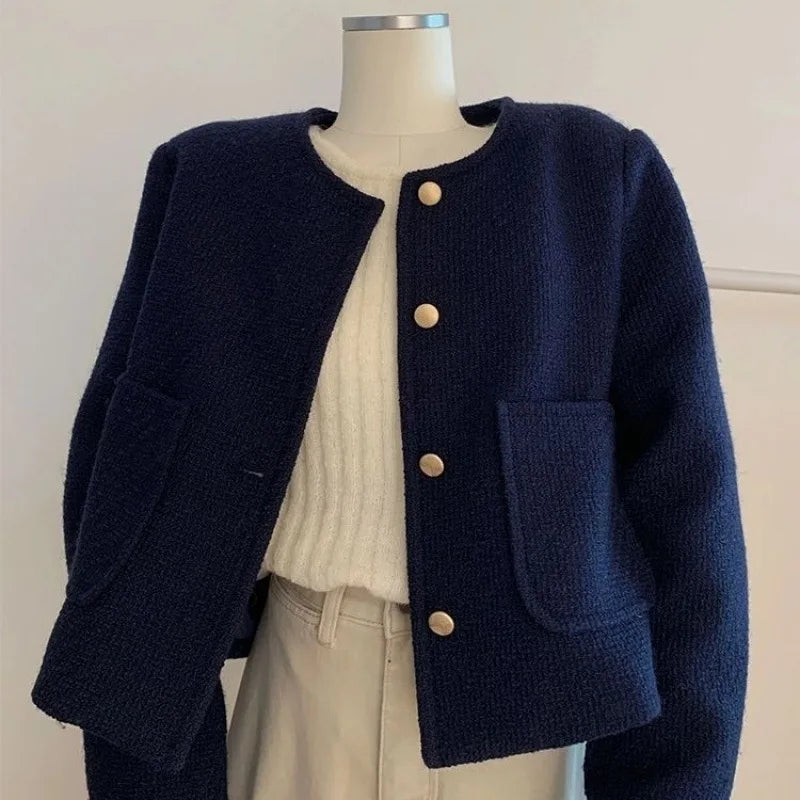 Vintage Style Tweed Jacket, Purplish Blue French Elegance, Round Neck Spring Autumn Outerwear