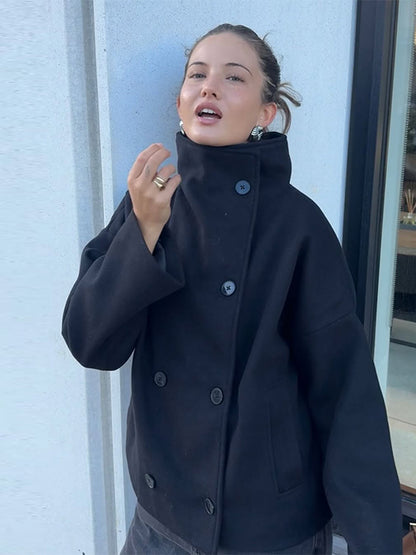 Women's Double Breasted Turtleneck Coat, Casual Loose Fit Jacket, Autumn Office Lady Jacket, Full Sleeve with Pocket