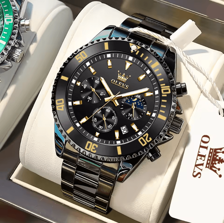 OLEVS Luxury Mens Watch Stainless Steel Chronograph Waterproof With Moon Phase 5