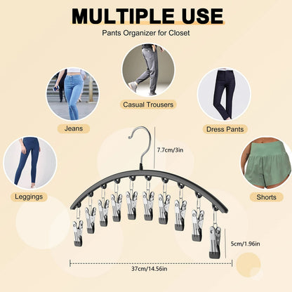 Curved Metal Pants Hanger With 10 Clothespins For Closet Organization 2