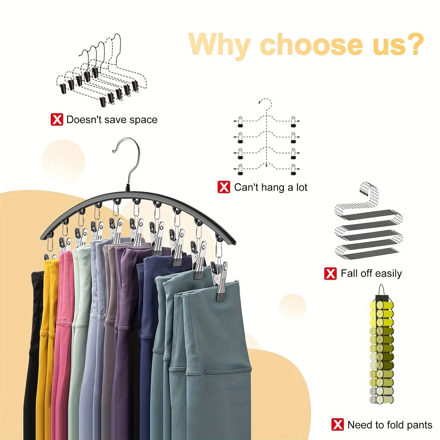 Curved Metal Pants Hanger With 10 Clothespins For Closet Organization 5