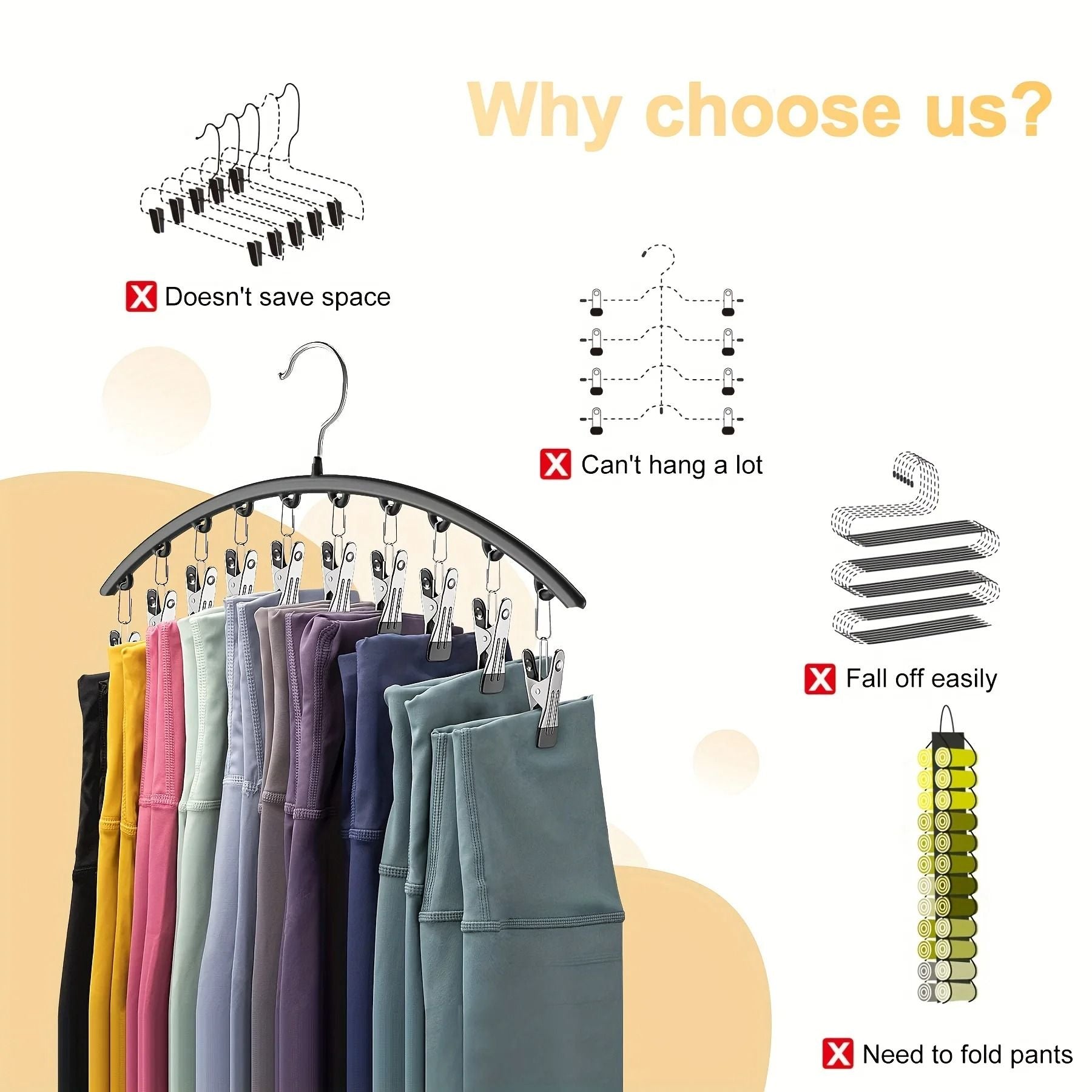 Curved Metal Pants Hanger With 10 Clothespins For Closet Organization 5