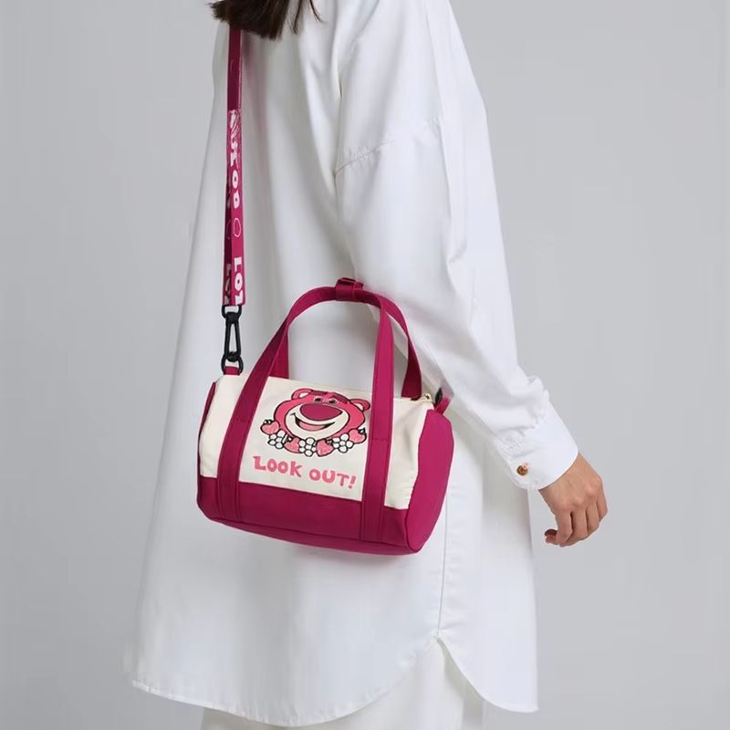 Cartoon Strawberry Bear Canvas Shoulder Bag  Casual Crossbody Tote For Women 2
