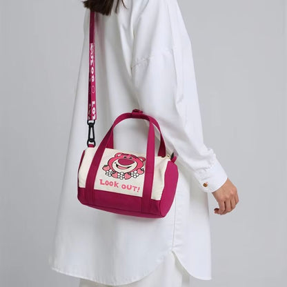 Cartoon Strawberry Bear Canvas Shoulder Bag  Casual Crossbody Tote For Women 2