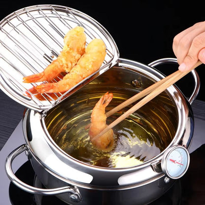 Japanese Stainless Steel Deep Frying Pot with Thermometer & Lid – Tempura Fryer Pan (20/24 cm)