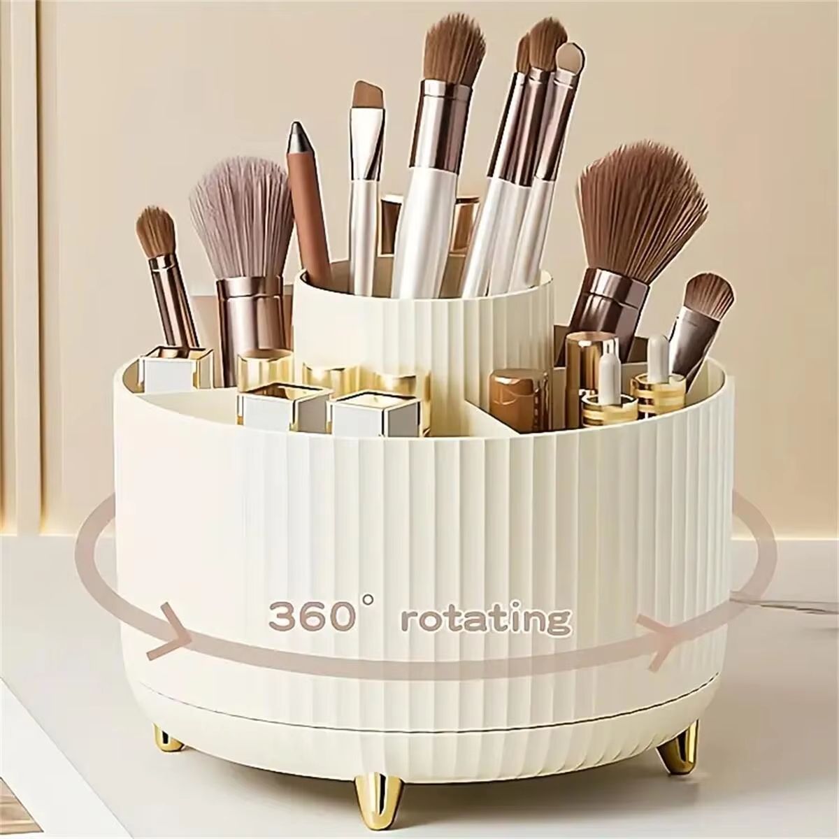 360 Rotating Makeup Organizer  MultiFunctional Cosmetic Storage Holder With 5 Compartments 9