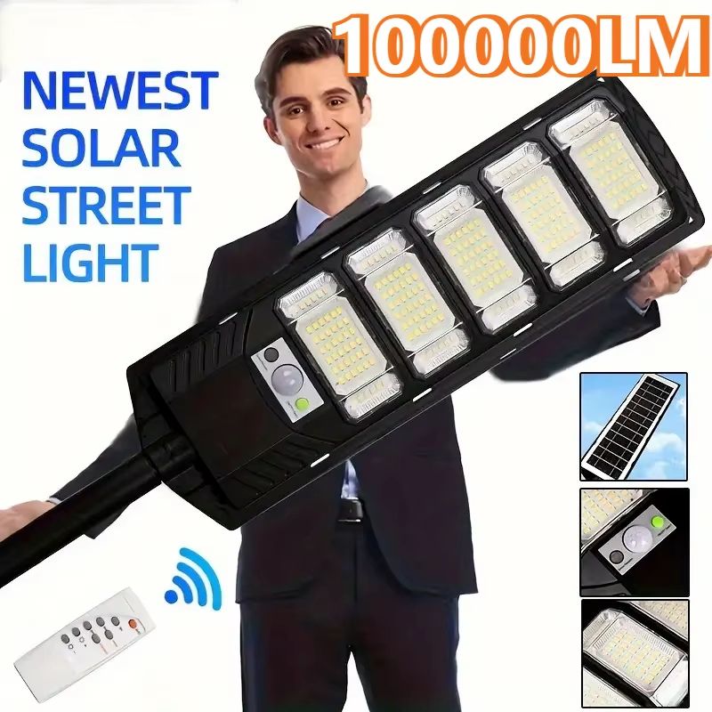 100000LM Solar LED Street Light – Commercial Outdoor Dusk to Dawn Security Lamp, Waterproof
