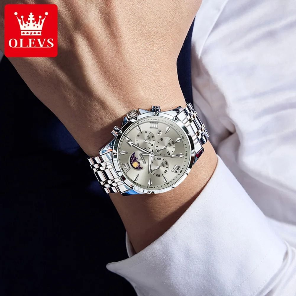 Luxury Mens Chronograph Watch with Moon Phase and Waterproof Design