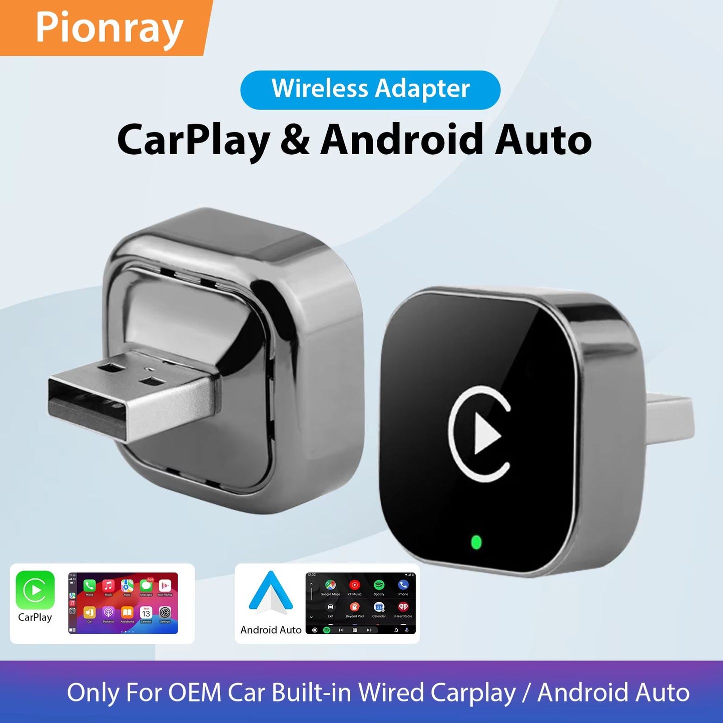 Pionray 2-in-1 Wireless CarPlay & Android Auto Adapter – 5GHz WiFi Plug & Play with USB/Type-C