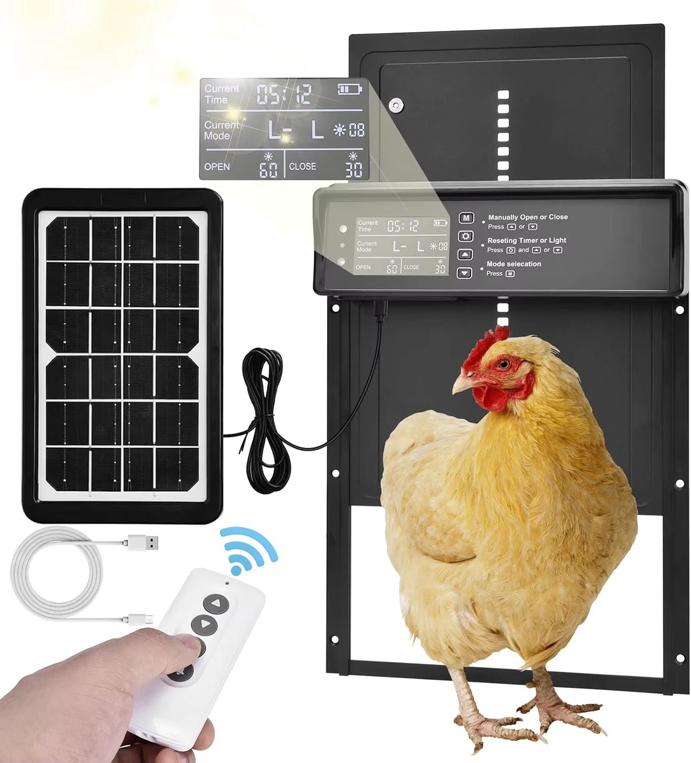 Solar Automatic Chicken Coop Door – Auto Chicken Door with Timer, Light Sensor & USB Charging