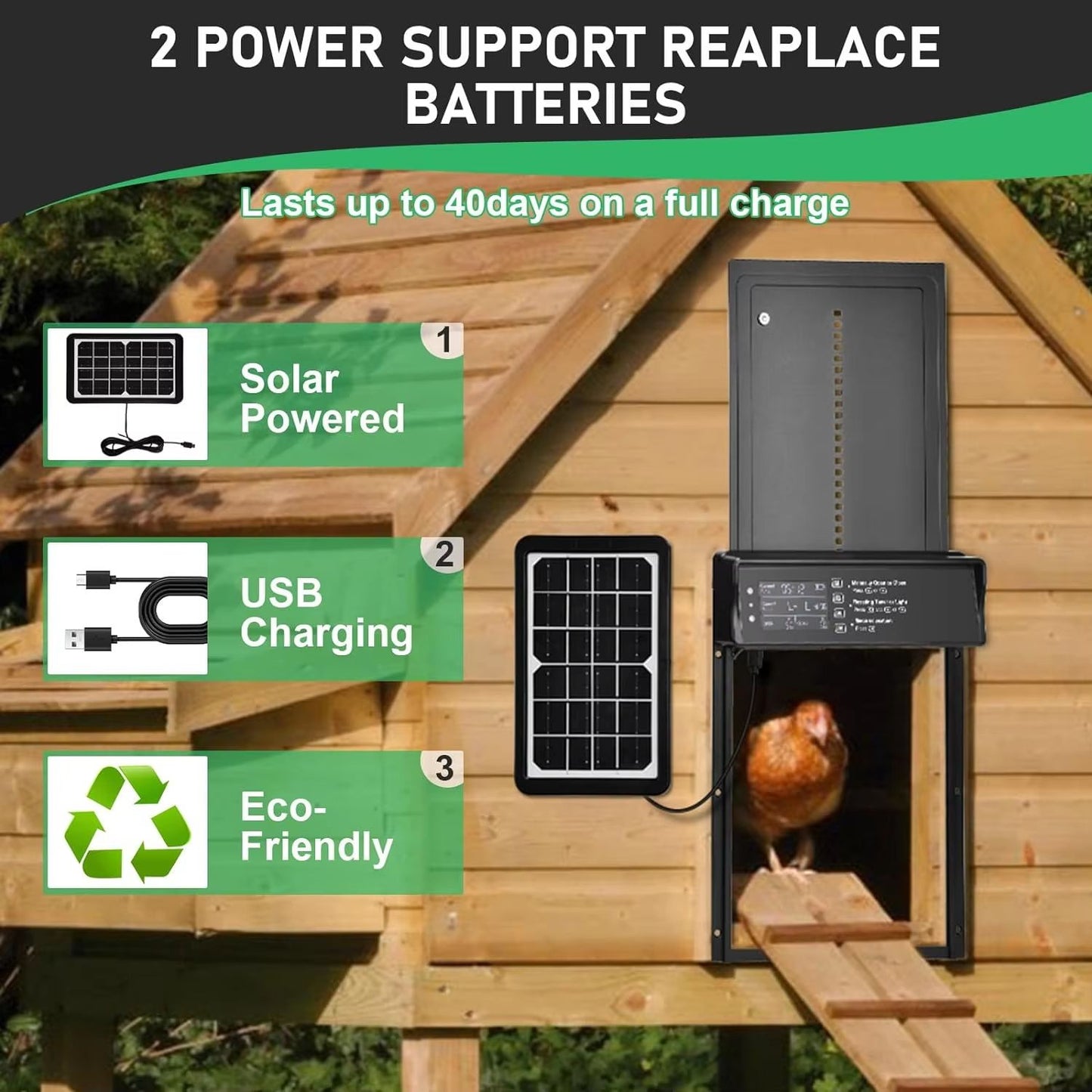 Solar Automatic Chicken Coop Door  Auto Chicken Door With Timer Light Sensor  USB Charging 3