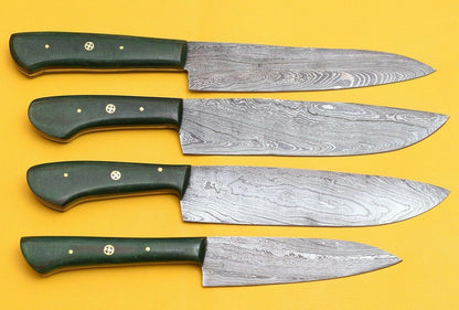 Handmade Damascus Steel 4-Piece Chef Knife Set | Micarta Handle Kitchen Knives