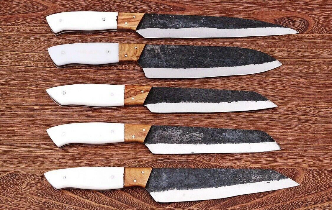 5-Piece Hand Forged Carbon Steel Chef Knife Set | Railroad Spike Knives