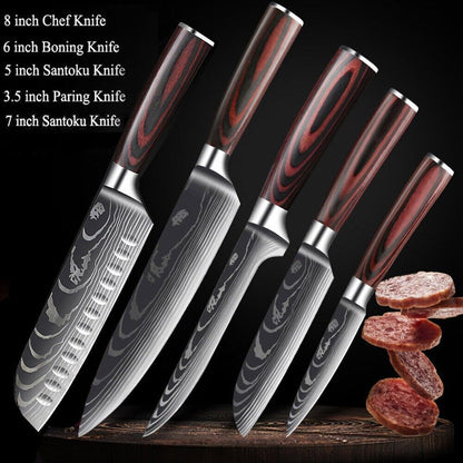5PC Japanese Style Chef Knife Set | Laser Damascus Pattern High-Carbon Steel