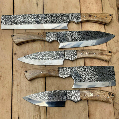 Handmade D2 Steel Chef Knife Set  Etching Blade With Wooden Handle 1