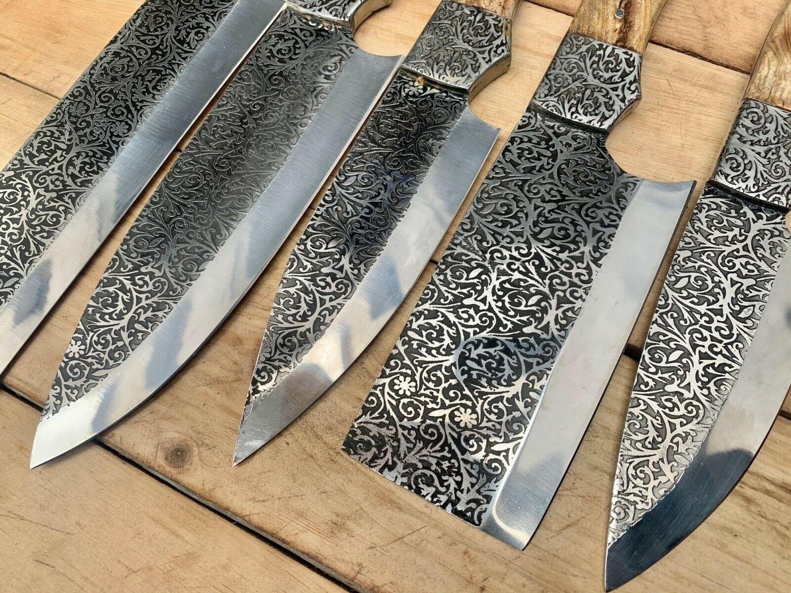 Handmade D2 Steel Chef Knife Set  Etching Blade With Wooden Handle 2