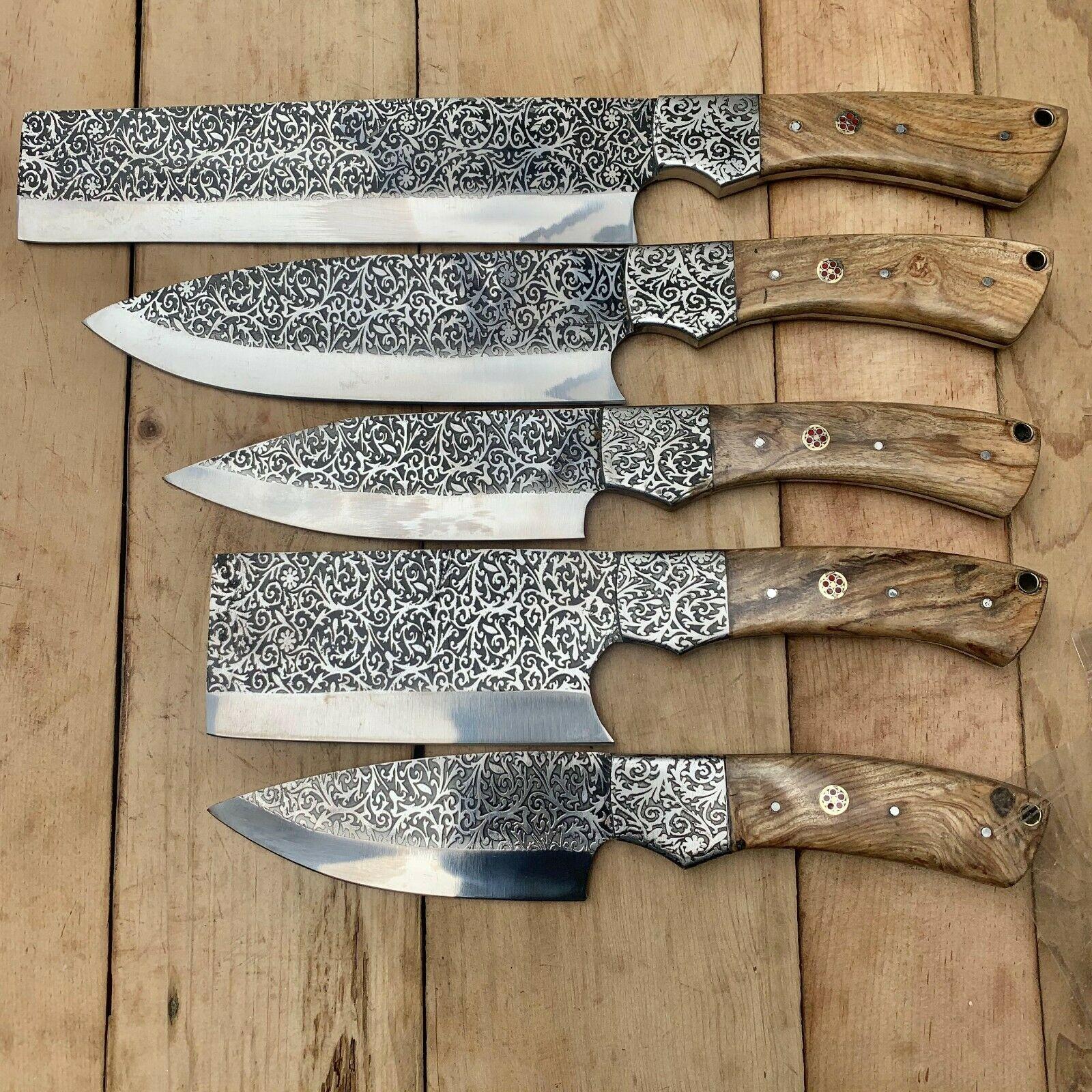 Handmade D2 Steel Chef Knife Set  Etching Blade With Wooden Handle 3