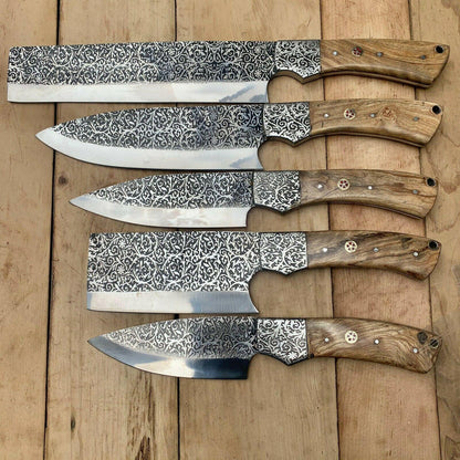 Handmade D2 Steel Chef Knife Set  Etching Blade With Wooden Handle 3