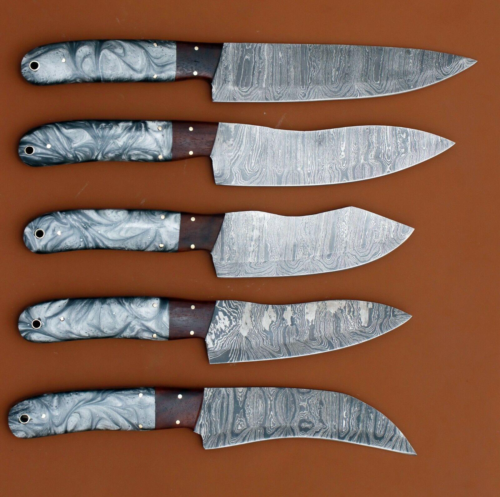 Handmade Damascus Chef Knife Set of 5 | Resin Art Handle Kitchen Knives