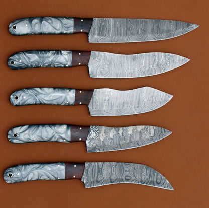 Handmade Damascus Chef Knife Set of 5 | Resin Art Handle Kitchen Knives