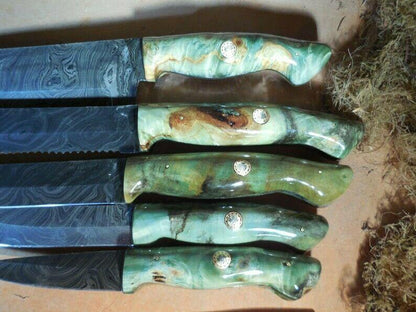Handmade Damascus 5Piece Knife Set  Green Buckeye Burl Wood Handles 3