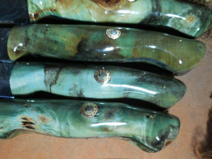 Handmade Damascus 5Piece Knife Set  Green Buckeye Burl Wood Handles 2