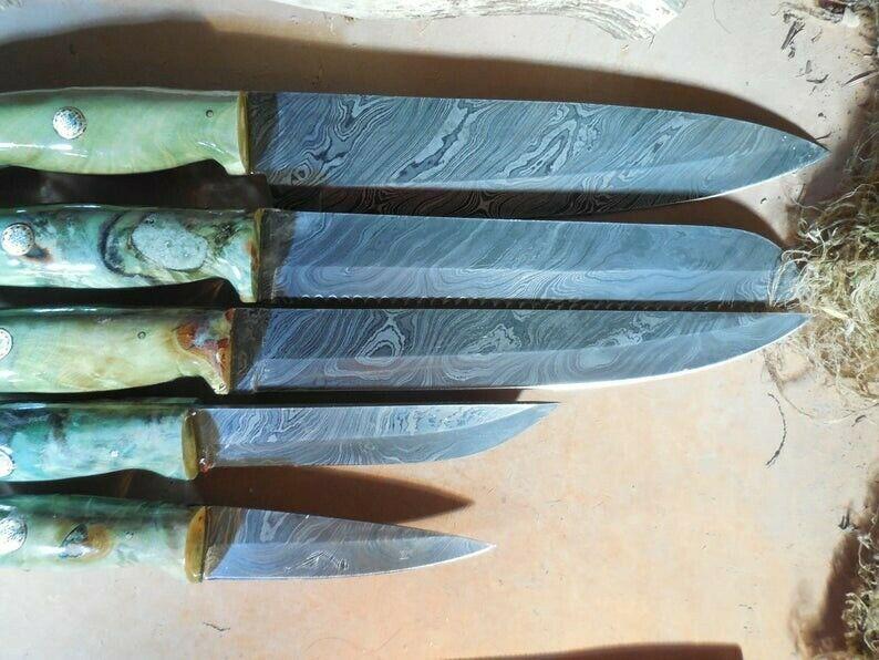 Handmade Damascus 5Piece Knife Set  Green Buckeye Burl Wood Handles 1