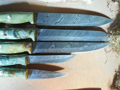 Handmade Damascus 5Piece Knife Set  Green Buckeye Burl Wood Handles 1