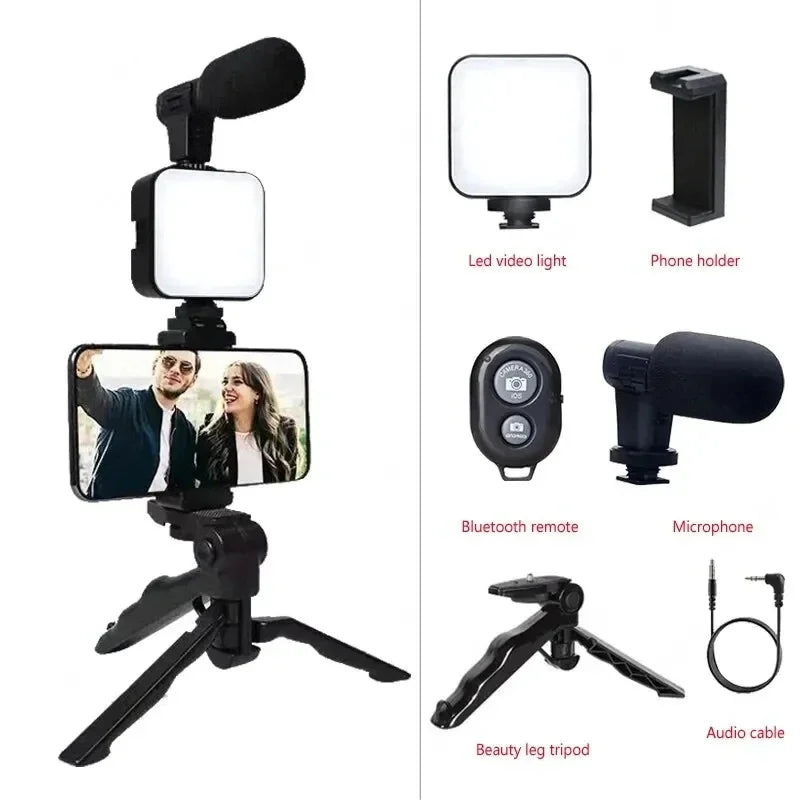 LED Fill Light, Smartphone Vlogging Kit, Tripod, Phone Holder, Mini Microphone, Starter for YouTube TikTok Video