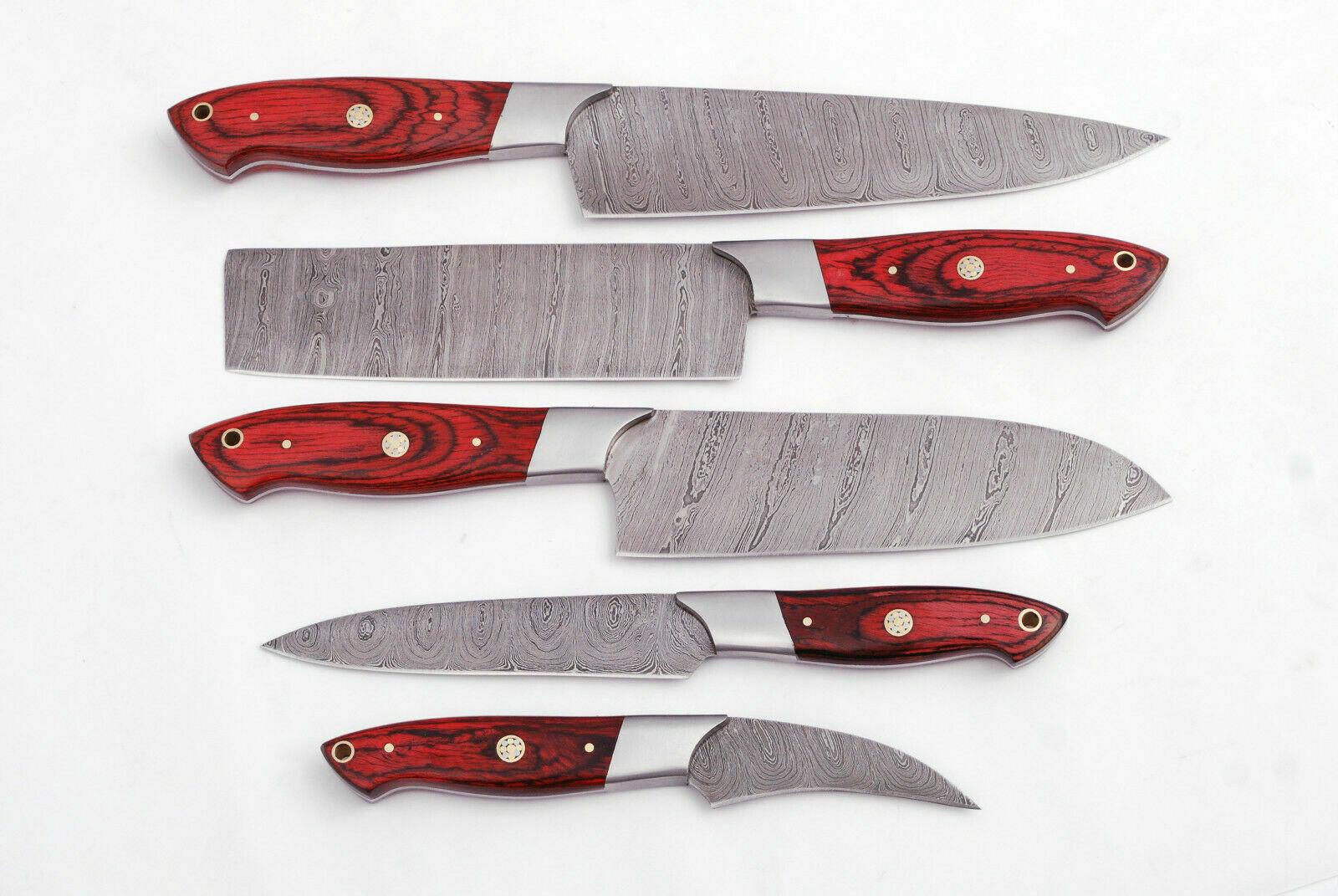 Handmade Damascus 5Piece Chef Knife Set  Red Dollar Wood Handle  Custom Kitchen Knives 1