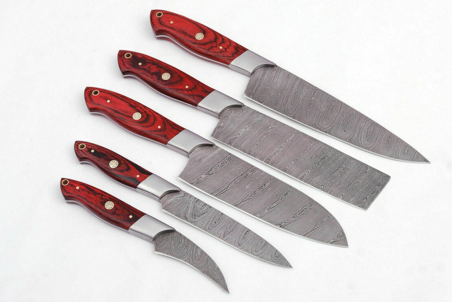 Handmade Damascus 5Piece Chef Knife Set  Red Dollar Wood Handle  Custom Kitchen Knives 2