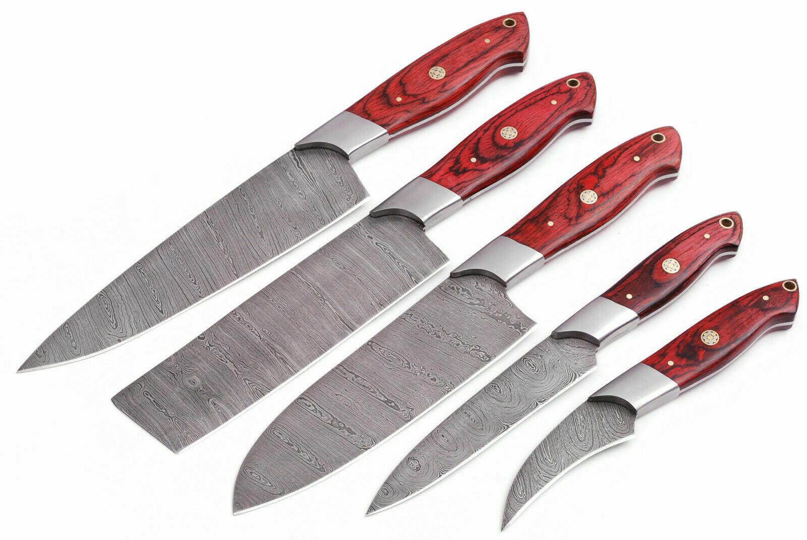 Handmade Damascus 5-Piece Chef Knife Set | Red Dollar Wood Handle | Custom Kitchen Knives