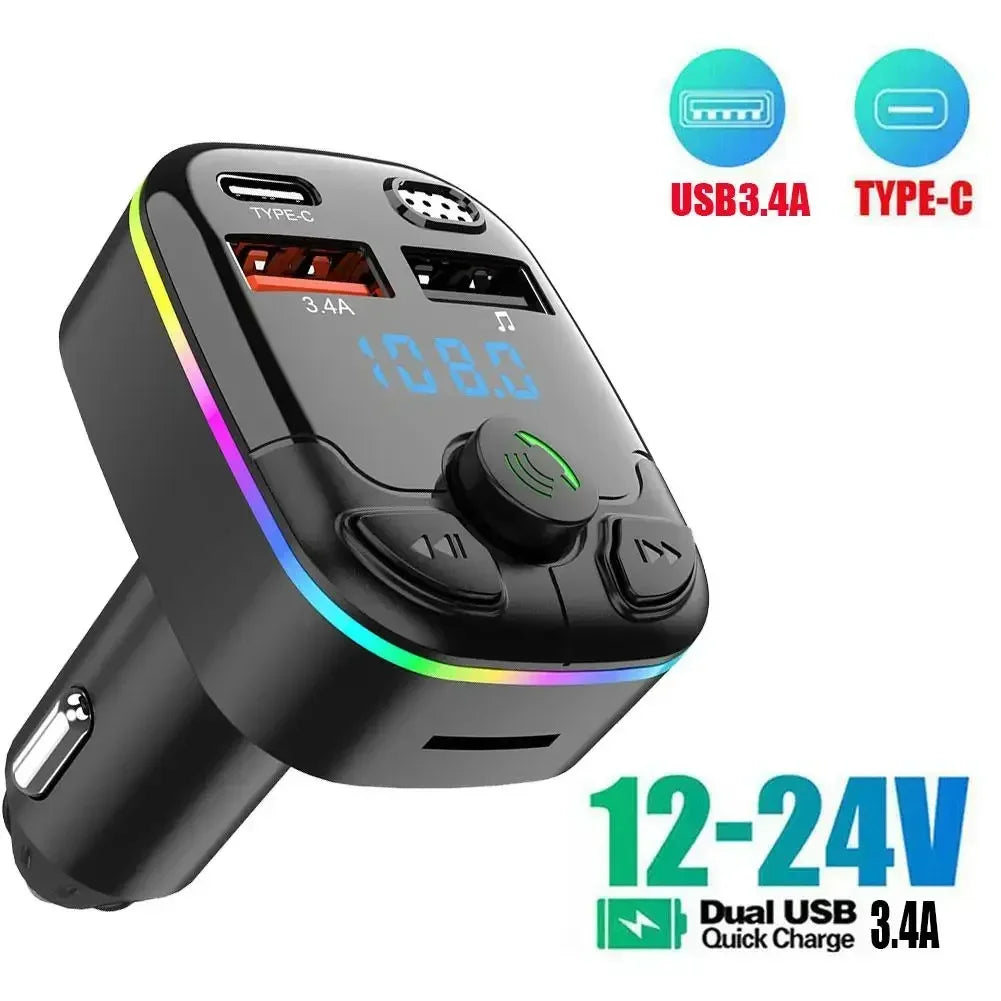 Wireless Car Bluetooth 5.0, FM Transmitter, Adapter Mic Audio Receiver, Auto MP3 Player, Dual USB Fast Charger
