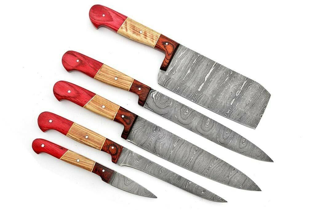 Handmade Damascus 5Piece Chef Knife Set  Dollar Wood Handle 3