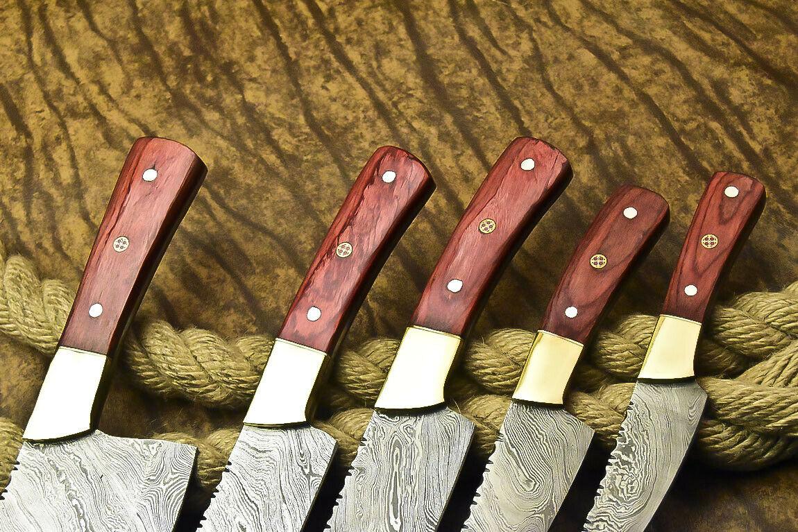 Lot Of 5 Handmade Damascus Steel Full Tang Chef Knives Set  Custom Forged Hardwood Handle Kitchen K 1