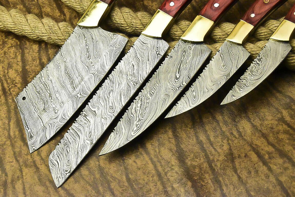 Lot Of 5 Handmade Damascus Steel Full Tang Chef Knives Set  Custom Forged Hardwood Handle Kitchen K 2