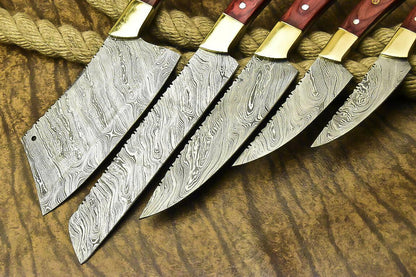 Lot Of 5 Handmade Damascus Steel Full Tang Chef Knives Set  Custom Forged Hardwood Handle Kitchen K 2