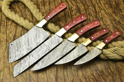 Lot of 5 Handmade Damascus Steel Full Tang Chef Knives Set | Custom Forged Hardwood Handle Kitchen Knife Collection