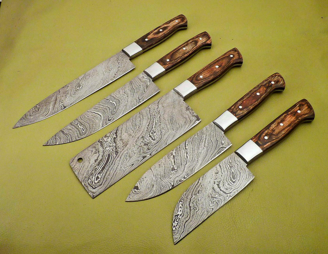 Handmade Damascus Steel Chef Knife Set  Lot Of 5 Full Tang Kitchen Knives With Hardwood Handle 1