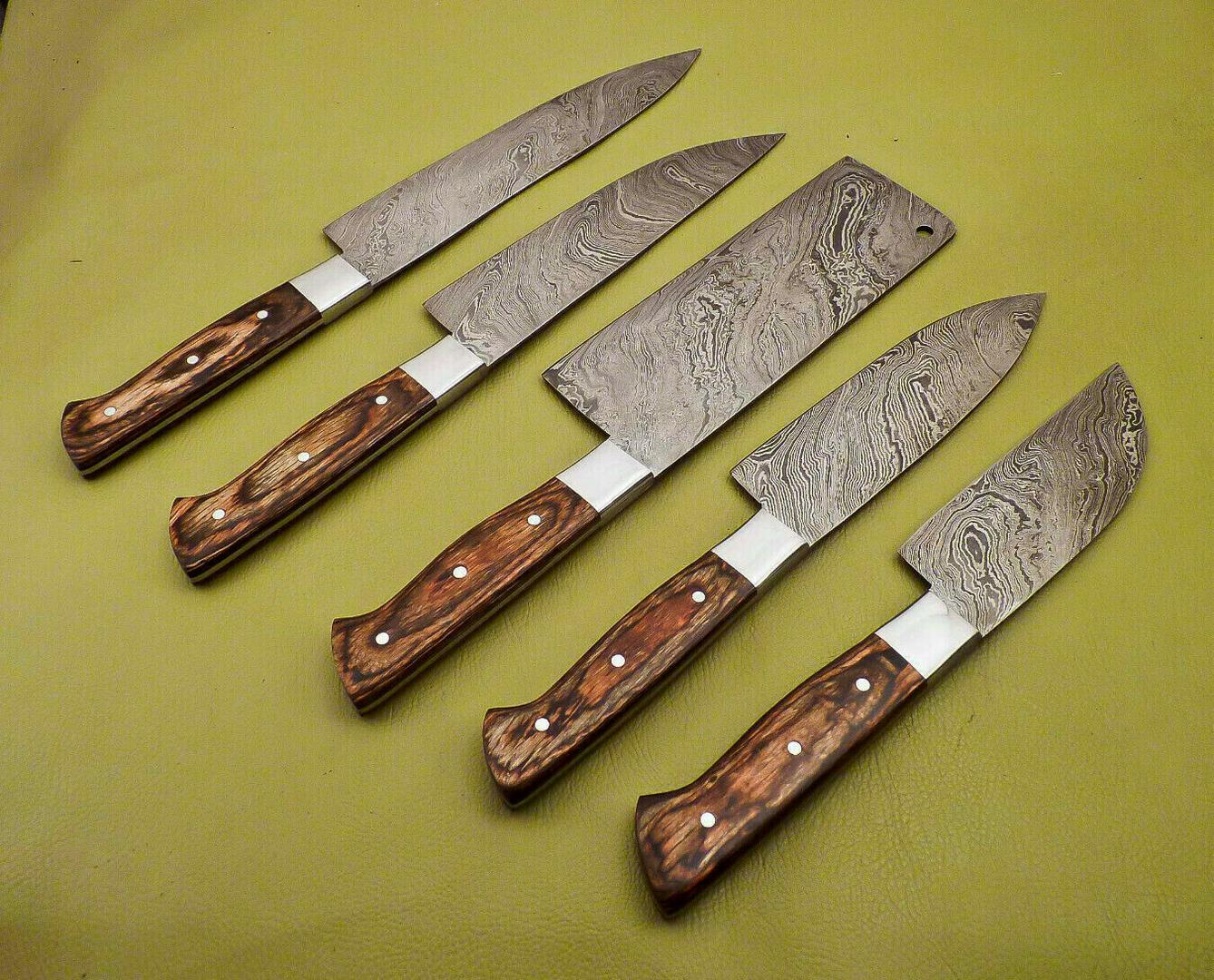 Handmade Damascus Steel Chef Knife Set  Lot Of 5 Full Tang Kitchen Knives With Hardwood Handle 2
