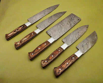 Handmade Damascus Steel Chef Knife Set  Lot Of 5 Full Tang Kitchen Knives With Hardwood Handle 2