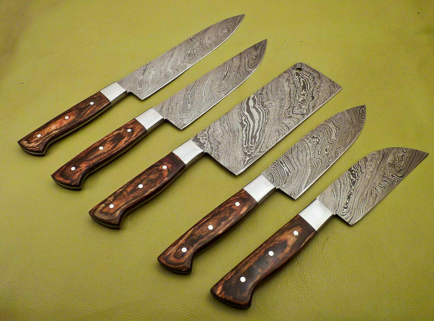 Handmade Damascus Steel Chef Knife Set  Lot Of 5 Full Tang Kitchen Knives With Hardwood Handle 3