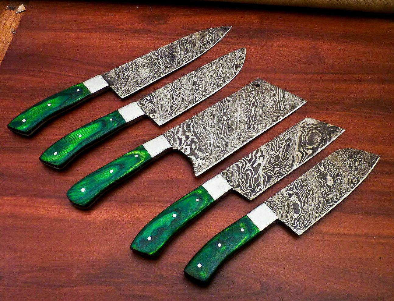 Lot Of 5 Handmade Damascus Steel Chef Knife Set  Full Tang Kitchen Knives With Hardwood Handle 2