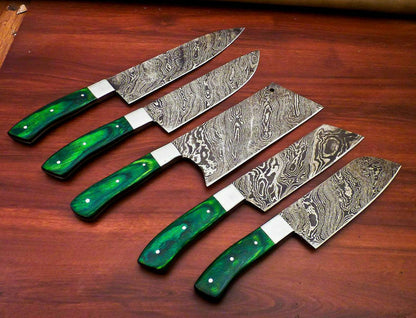 Lot Of 5 Handmade Damascus Steel Chef Knife Set  Full Tang Kitchen Knives With Hardwood Handle 2