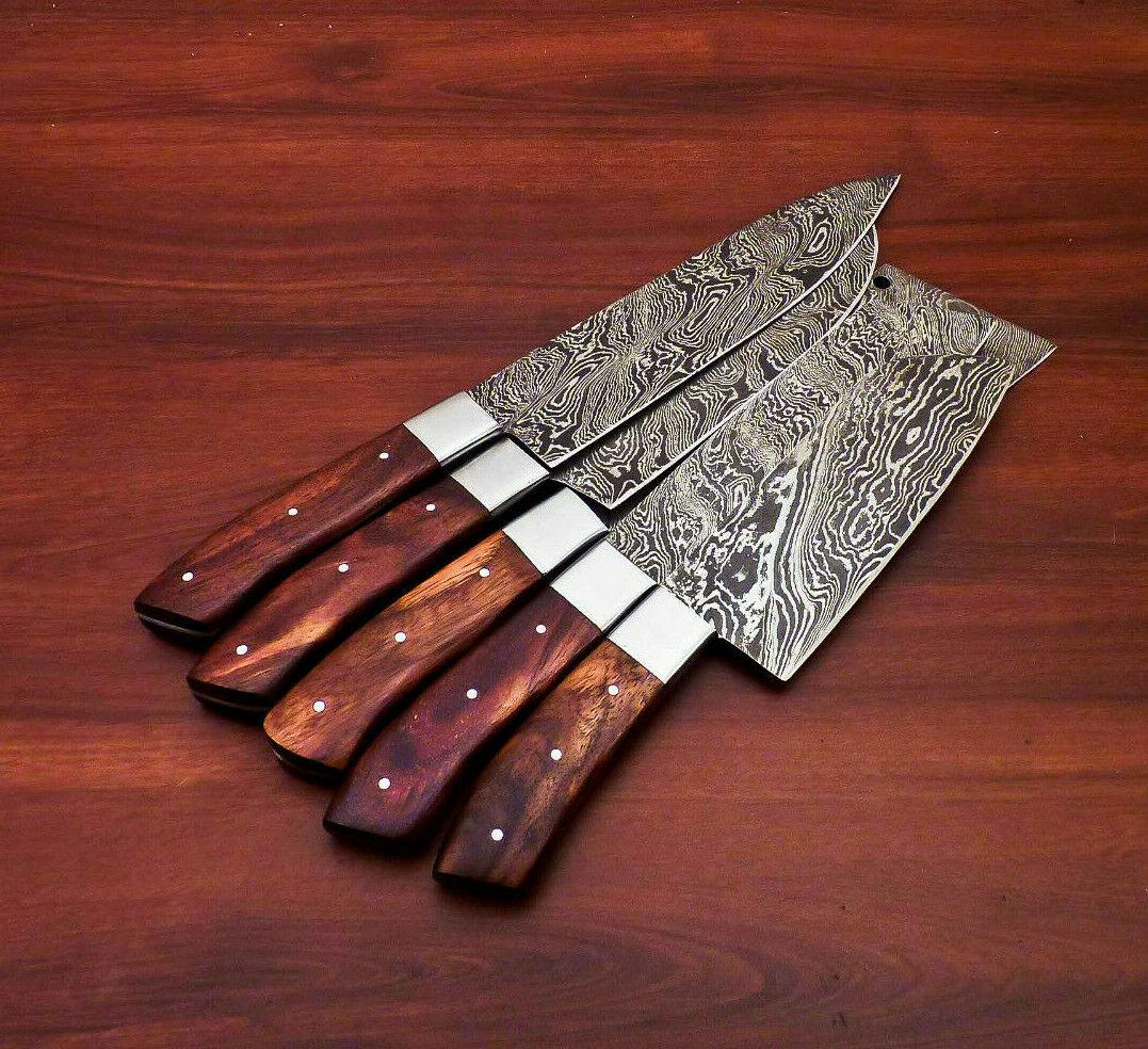 Damascus Steel Kitchen Knives  5Piece Handmade Chef Knife Set With Hardwood Handle 1