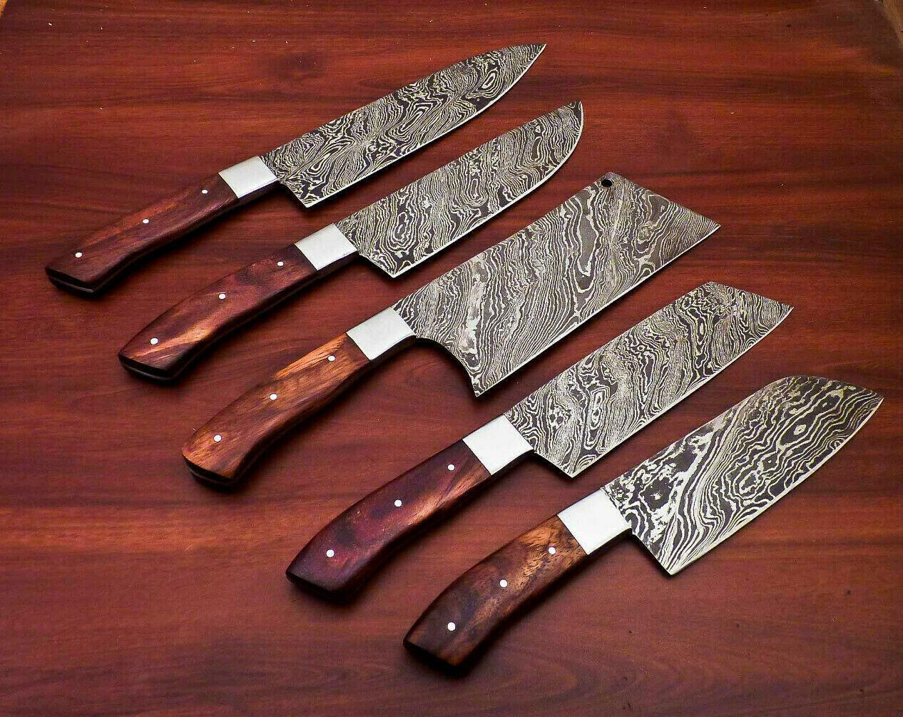 Damascus Steel Kitchen Knives  5Piece Handmade Chef Knife Set With Hardwood Handle 2