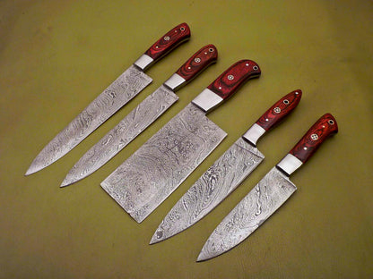 Full Tang Damascus Steel Chef Knife Set | Handmade 5-Piece Kitchen Knives Collection
