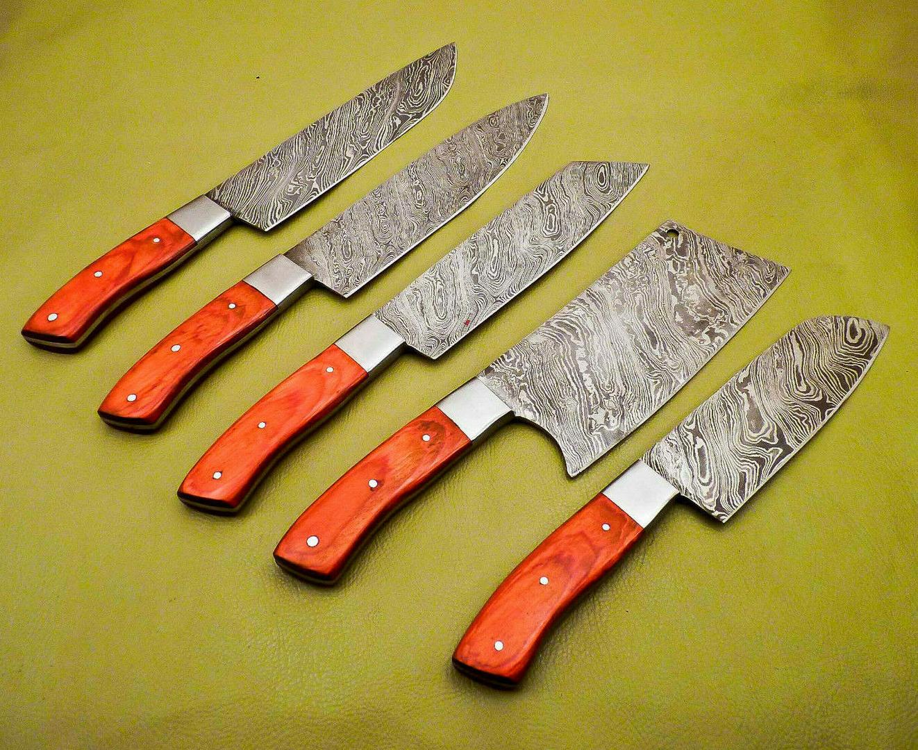 Premium Handmade Damascus Steel Chef Knives Lot Of 5  Hardwood Handle Kitchen Set 1
