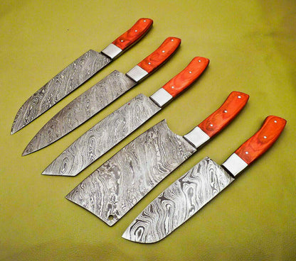 Premium Handmade Damascus Steel Chef Knives Lot Of 5  Hardwood Handle Kitchen Set 2