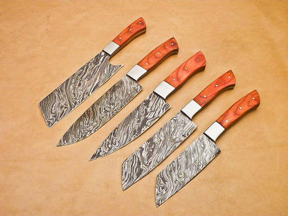 Custom Damascus Steel Chef Knife Set  Handmade 5Piece Kitchen  Cooking Knives 2